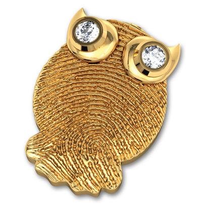 14k Yellow Gold Fingerprint Owl Charm with Diamond Eyes