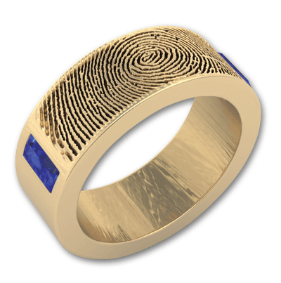 14k Yellow Gold Fingerprint Wedding Band with Sapphire Baguettes