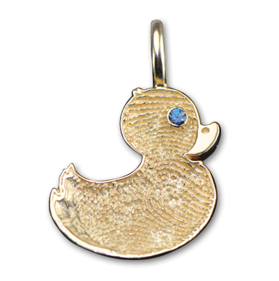 Custom Designed 14k Yellow Gold Duck with Fingerprint and Alexandrite for Eye